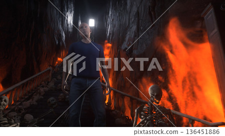 Man in hell. Sinner. A lonely sinfull man stands in front of a hell gates. Hell fire. Religious concept. 3d rendering. 136451886