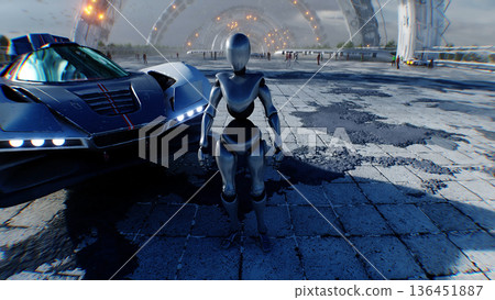 A robot and futuristic city. Sci fi architecture and buildings. Future concept. Flying cars in air. 3d rendering. 136451887