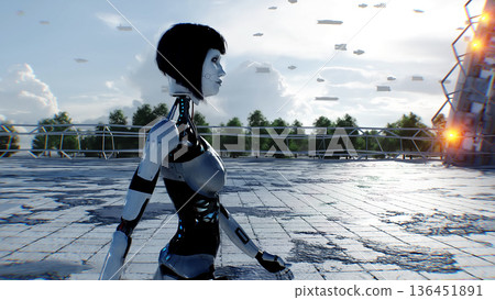 A walking robot and futuristic city. Sci fi architecture and buildings. Future concept. Flying cars in air. 3d rendering. 136451891