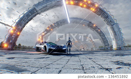 A robot and futuristic city. Sci fi architecture and buildings. Future concept. Flying cars in air. 3d rendering. 136451892