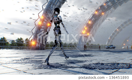 A walking robot and futuristic city. Sci fi architecture and buildings. Future concept. Flying cars in air. 3d rendering. 136451893