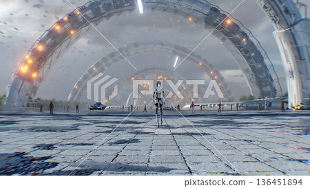 A walking robot and futuristic city. Sci fi architecture and buildings. Future concept. Flying cars in air. 3d rendering. A walking robot and futuristic city. Sci fi architecture and buildings. Future concept. Flying cars in air. 3d rendering. 136451894