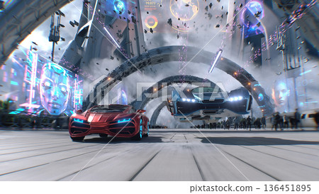 Futuristic red sport car and flying car driving fast, overtaking each other on a futuristic city. 3d rendering. 136451895