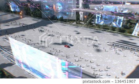 Futuristic red sport car and flying car driving fast, overtaking each other on a futuristic city. 3d rendering. Futuristic red sport car and flying car driving fast, overtaking each other on a futuristic city. 3d rendering. 136451907