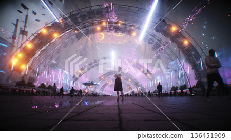 A woman and futuristic city. Sci fi architecture and buildings. Future concept. Flying cars in air. 3d rendering. A woman and futuristic city. Sci fi architecture and buildings. Future concept. Flying cars in air. 3d rendering. 136451909