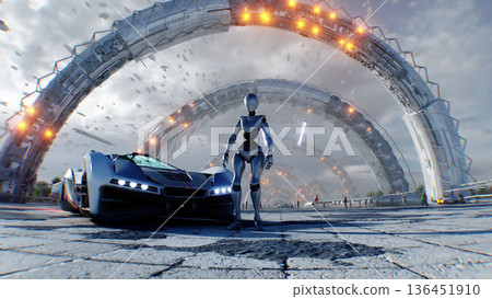 A robot and futuristic city. Sci fi architecture and buildings. Future concept. Flying cars in air. 3d rendering. 136451910