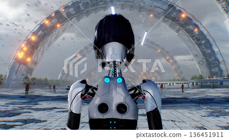 A walking robot and futuristic city. Sci fi architecture and buildings. Future concept. Flying cars in air. 3d rendering. 136451911