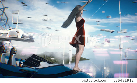 A woman on fly car. Futuristic city. Sci fi architecture and buildings. Future concept. Flying cars in air. 3d rendering. A woman on fly car. Futuristic city. Sci fi architecture and buildings. Future concept. Flying cars in air. 3d rendering. 136451912