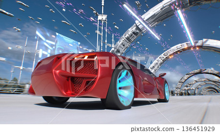 An electric red sport car driving fast on a futuristic city street. Concept of future. 3d rendering. An electric red sport car driving fast on a futuristic city street. Concept of future. 3d rendering. 136451929