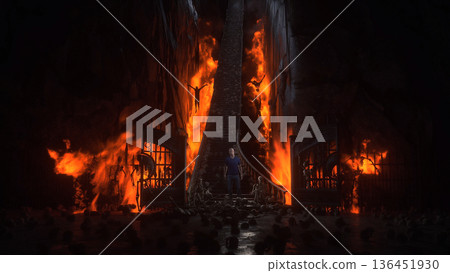 Man in hell. Sinner. A lonely sinfull man stands in front of a hell gates. Hell fire. Religious concept. 3d rendering. Man in hell. Sinner. A lonely sinfull man stands in front of a hell gates. Hell fire. Religious concept. 3d rendering. 136451930