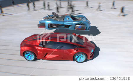 Futuristic red sport car and flying car driving fast, overtaking each other on a futuristic city. 3d rendering. Futuristic red sport car and flying car driving fast, overtaking each other on a futuristic city. 3d rendering. 136451938