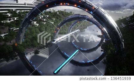 Futuristic city. Flying passenger train. Futuristic architecture. People and robots. 3d rendering. 136451939