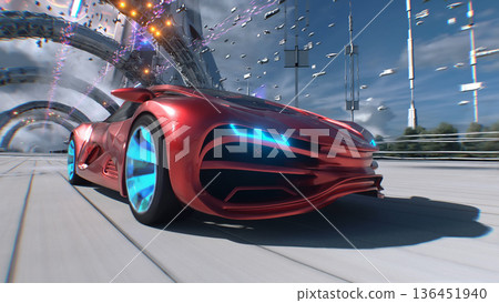 An electric red sport car driving fast on a futuristic city street. Concept of future. 3d rendering. An electric red sport car driving fast on a futuristic city street. Concept of future. 3d rendering. 136451940