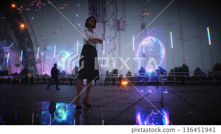 A woman and futuristic city. Sci fi architecture and buildings. Future concept. Flying cars in air. 3d rendering. 136451941