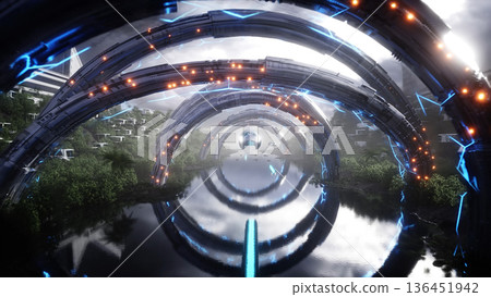 Futuristic city. Flying passenger train. Futuristic architecture. People and robots. 3d rendering. Futuristic city. Flying passenger train. Futuristic architecture. People and robots. 3d rendering. 136451942