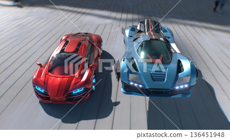 Futuristic red sport car and flying car driving fast, overtaking each other on a futuristic city. 3d rendering. Futuristic red sport car and flying car driving fast, overtaking each other on a futuristic city. 3d rendering. 136451948