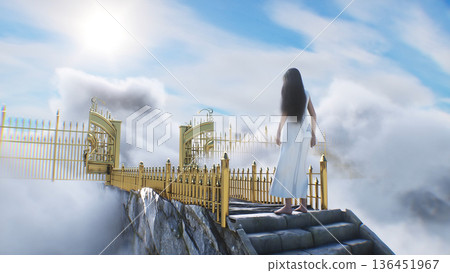 stairway to heaven. A woman stands in front of a paradise, eden gates. Religious concept. 3d rendering. stairway to heaven. A woman stands in front of a paradise, eden gates. Religious concept. 3d rendering. 136451967