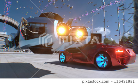 Futuristic red sport car and flying car driving fast, overtaking each other on a futuristic city. 3d rendering. 136451981