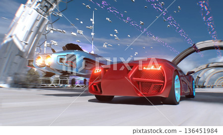 Futuristic red sport car and flying car driving fast, overtaking each other on a futuristic city. 3d rendering. 136451984