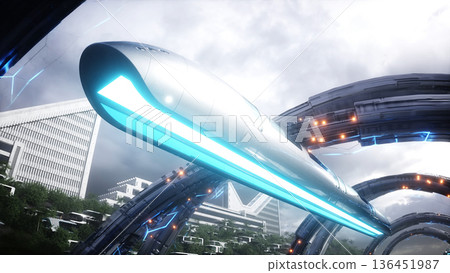 Futuristic city. Flying passenger train. Futuristic architecture. People and robots. 3d rendering. Futuristic city. Flying passenger train. Futuristic architecture. People and robots. 3d rendering. 136451987