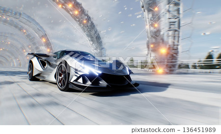 An futuristic grey sport car driving fast on a futuristic city street. Concept of future. 3d rendering. 136451989