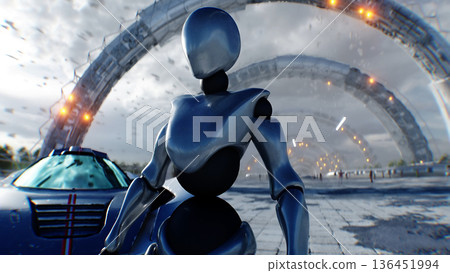 A robot and futuristic city. Sci fi architecture and buildings. Future concept. Flying cars in air. 3d rendering. 136451994