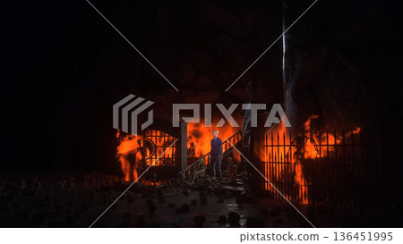 Man in hell. Sinner. A lonely sinfull man stands in front of a hell gates. Hell fire. Religious concept. 3d rendering. 136451995