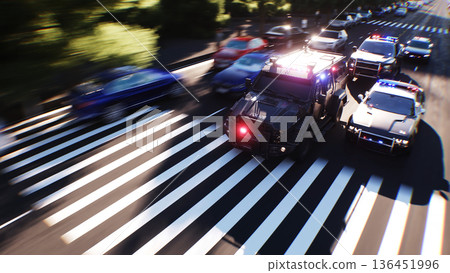 An swat police driving fast on a city street. 3d rendering. An swat police driving fast on a city street. 3d rendering. 136451996