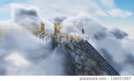 stairway to heaven. A woman stands in front of a paradise, eden gates. Religious concept. 3d rendering. stairway to heaven. A woman stands in front of a paradise, eden gates. Religious concept. 3d rendering. 136451997