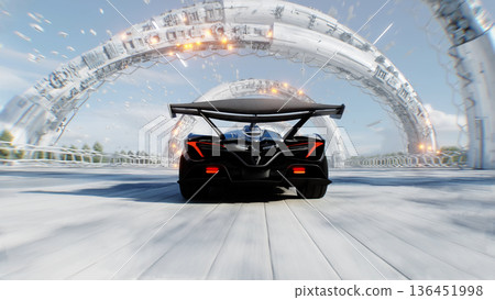 An futuristic grey sport car driving fast on a futuristic city street. Concept of future. 3d rendering. 136451998