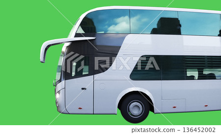 Jorney touristic bus driving fast. realistic dynamic reflections on the car body. green screen isolate. 3d rendering. 136452002