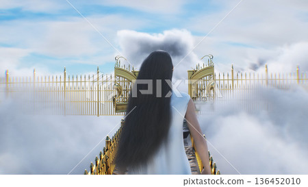 stairway to heaven. A woman stands in front of a paradise, eden gates. Religious concept. 3d rendering. 136452010