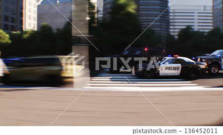 An swat police driving fast on a city street. 3d rendering. An swat police driving fast on a city street. 3d rendering. 136452011