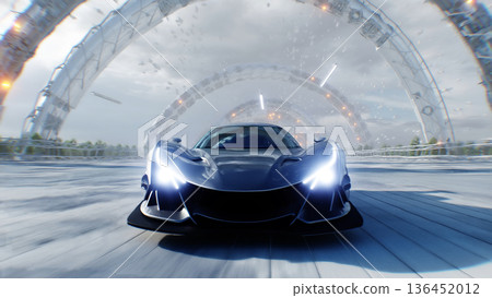 An futuristic grey sport car driving fast on a futuristic city street. Concept of future. 3d rendering. 136452012