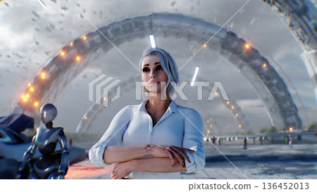 A woman and futuristic city. Sci fi architecture and buildings. Future concept. Flying cars in air. 3d rendering. A woman and futuristic city. Sci fi architecture and buildings. Future concept. Flying cars in air. 3d rendering. 136452013
