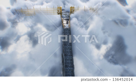 stairway to heaven. A woman stands in front of a paradise, eden gates. Religious concept. 3d rendering. 136452014