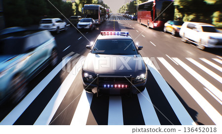 An police driving fast on a city street. 3d rendering. 136452018