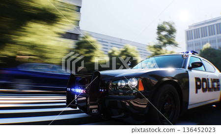 An police driving fast on a city street. 3d rendering. 136452023