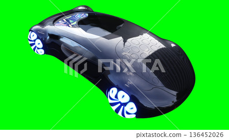 Futuristic, electric black car driving fast. realistic dynamic reflections on the car body. green screen isolate. 3d rendering. 136452026