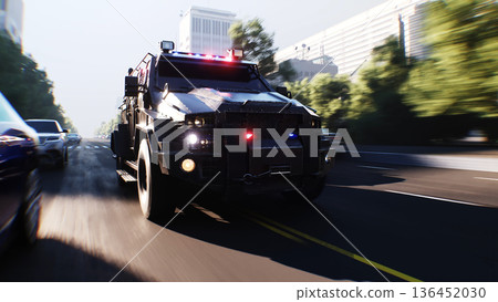 An swat police driving fast on a city street. 3d rendering. An swat police driving fast on a city street. 3d rendering. 136452030