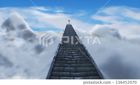 stairway to heaven. A woman stands in front of a paradise, eden gates. Religious concept. 3d rendering. stairway to heaven. A woman stands in front of a paradise, eden gates. Religious concept. 3d rendering. 136452070