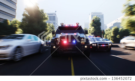 An swat police driving fast on a city street. 3d rendering. 136452072