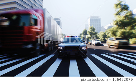 An police driving fast on a city street. 3d rendering. 136452079