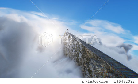 stairway to heaven. A woman stands in front of a paradise, eden gates. Religious concept. 3d rendering. stairway to heaven. A woman stands in front of a paradise, eden gates. Religious concept. 3d rendering. 136452082