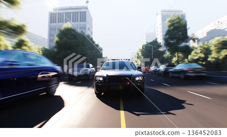 An police driving fast on a city street. 3d rendering. 136452083