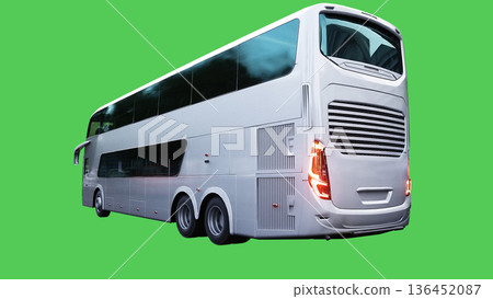 Jorney touristic bus driving fast. realistic dynamic reflections on the car body. green screen isolate. 3d rendering. Jorney touristic bus driving fast. realistic dynamic reflections on the car body. green screen isolate. 3d rendering. 136452087