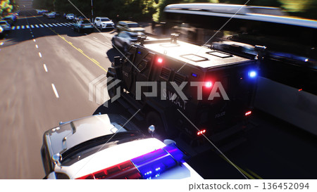 An swat police driving fast on a city street. 3d rendering. An swat police driving fast on a city street. 3d rendering. 136452094