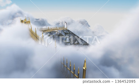 stairway to heaven. A woman stands in front of a paradise, eden gates. Religious concept. 3d rendering. 136452095