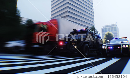 An swat police driving fast on a city street. 3d rendering. An swat police driving fast on a city street. 3d rendering. 136452104