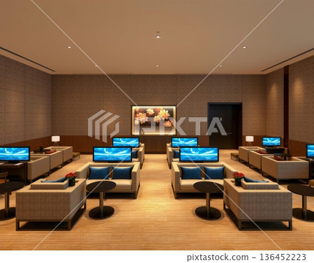 Cozy Internet Cafe with Multiple Workstations and Comfortable Seating in Warm Ambiance Cozy Internet Cafe with Multiple Workstations and Comfortable Seating in Warm Ambiance 136452223